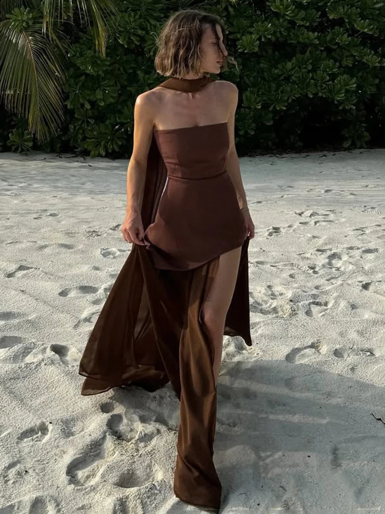TARUXY Fashion Strapless Dress With Ribbon Female Elegant Sleeveless Mesh Beach Vacation Long Dress Spring Women Dress 250519