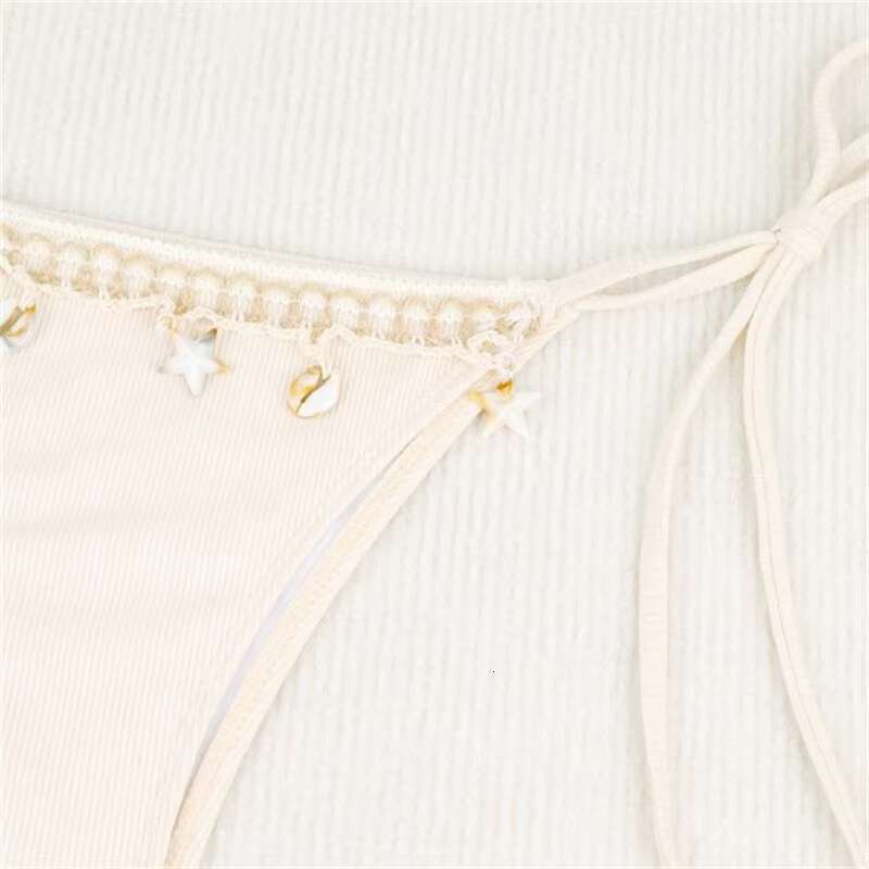 DHEssentials Shell Embellished Lace Bikini Set Sexy 3 Piece Triangle Swimsuit with Split Thong Bottom Beachwear for Women