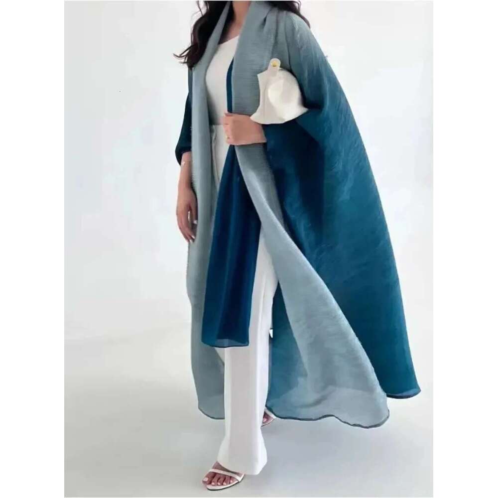 Women Cardigan Wraps Elegant Loose Miyake Gradient Pleated Turn-down Collar Bat Windbreak With Belt 55"In Lace