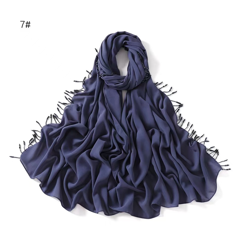 T769 chiffon long scarf monochrome pearl chiffon heavy hanging beads handmade beaded headscarf scarf shawl cover