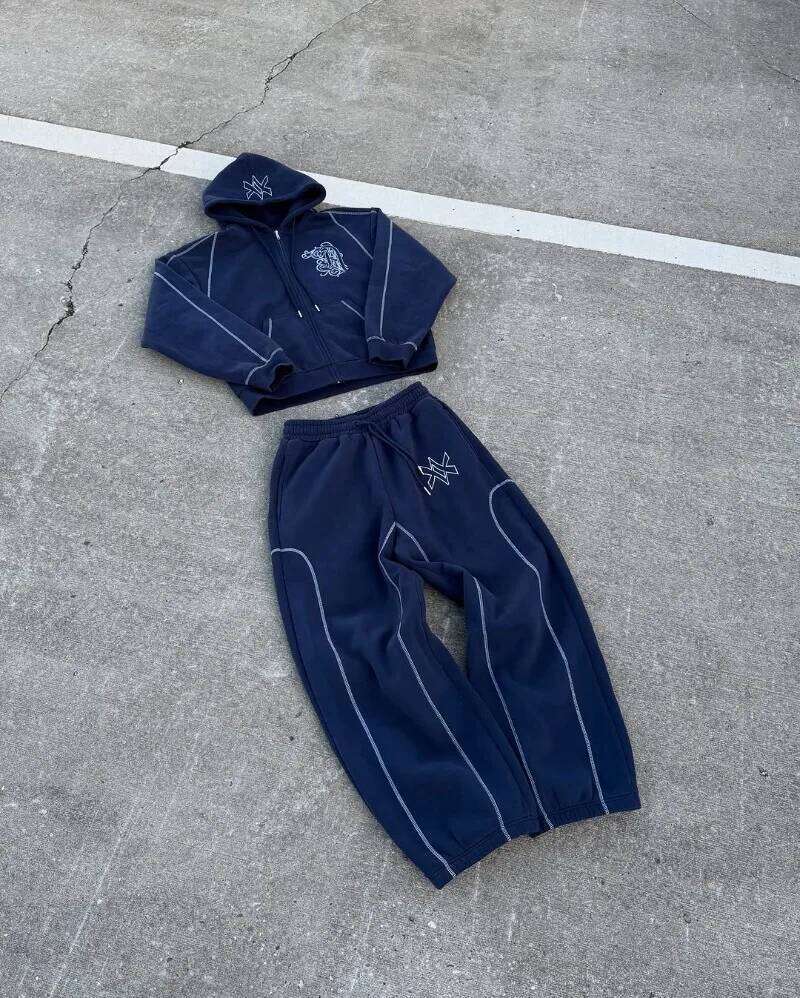 Hip hop fashion Vintage patchwork pattern embroidery design men clothing Y2k set Punk Haruku casual couple oversized tracksuit