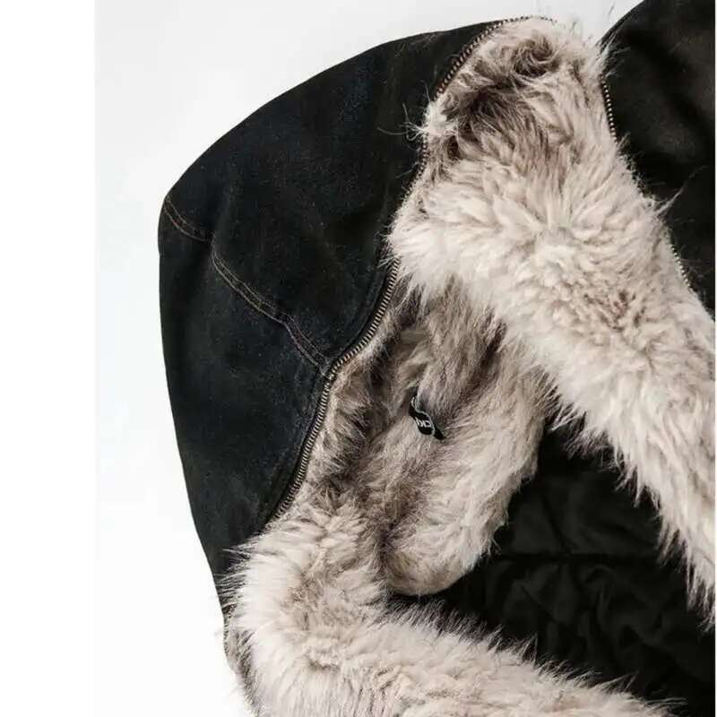 PFNW Menswear Thickened Denim Quilted Padded Jackets Autumn Winter Trend 2024 New Oversized Fur Collar Hooded Cotton-Padded Coat