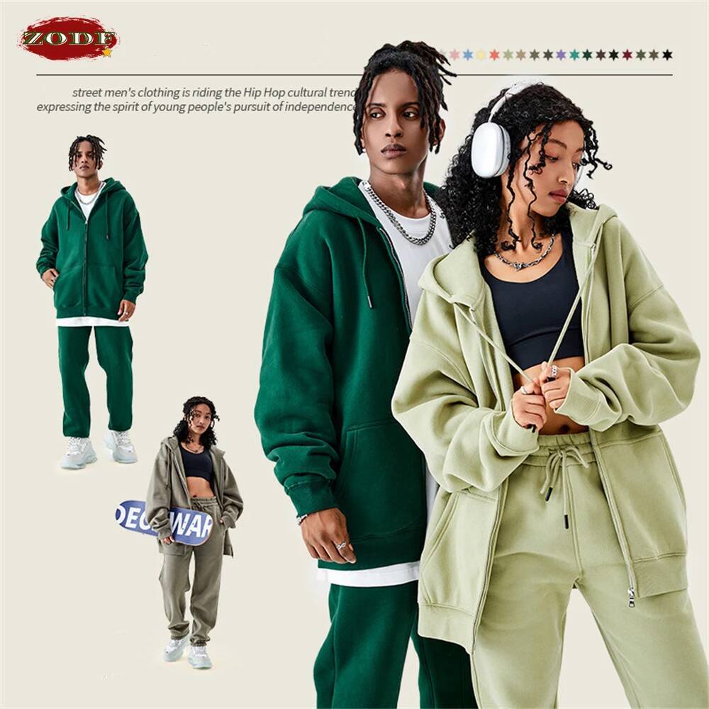 ZODF Basic Winter Men Fleece Zipper Hoodies Unisex Casual Loose 350Gsm Warm Solid Hooded Sweatshirts Coats 18 Colors Hy0726