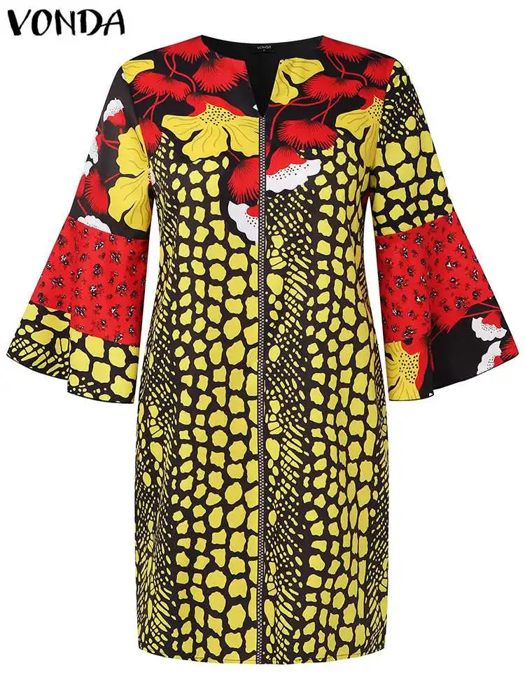 Plus Size 5XL VONDA Women Bohemian Printed Dress Summer Short Dress Flare Sleeve Party Sundress Casual Vestido Robe Femme 250520