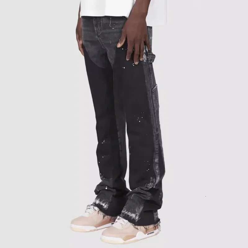 Y2k Men Painting Baggy Fashion Work Wear Popular Stretch Patch Denim Stacked Flare Jeans Pants
