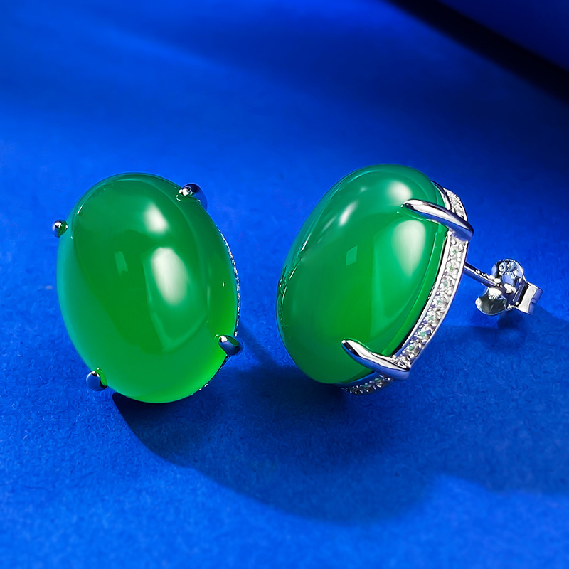 2025 New 925 Sterling Silver Full Diamond Inlaid 12x16mm Faux Jade Earrings Luxury Wealth Style Stud Earrings