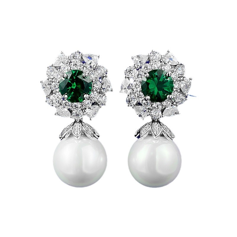 Elegant 925 Sterling Silver Synthetic Emerald & Pearl Stud Earrings - Timeless Luxury Design