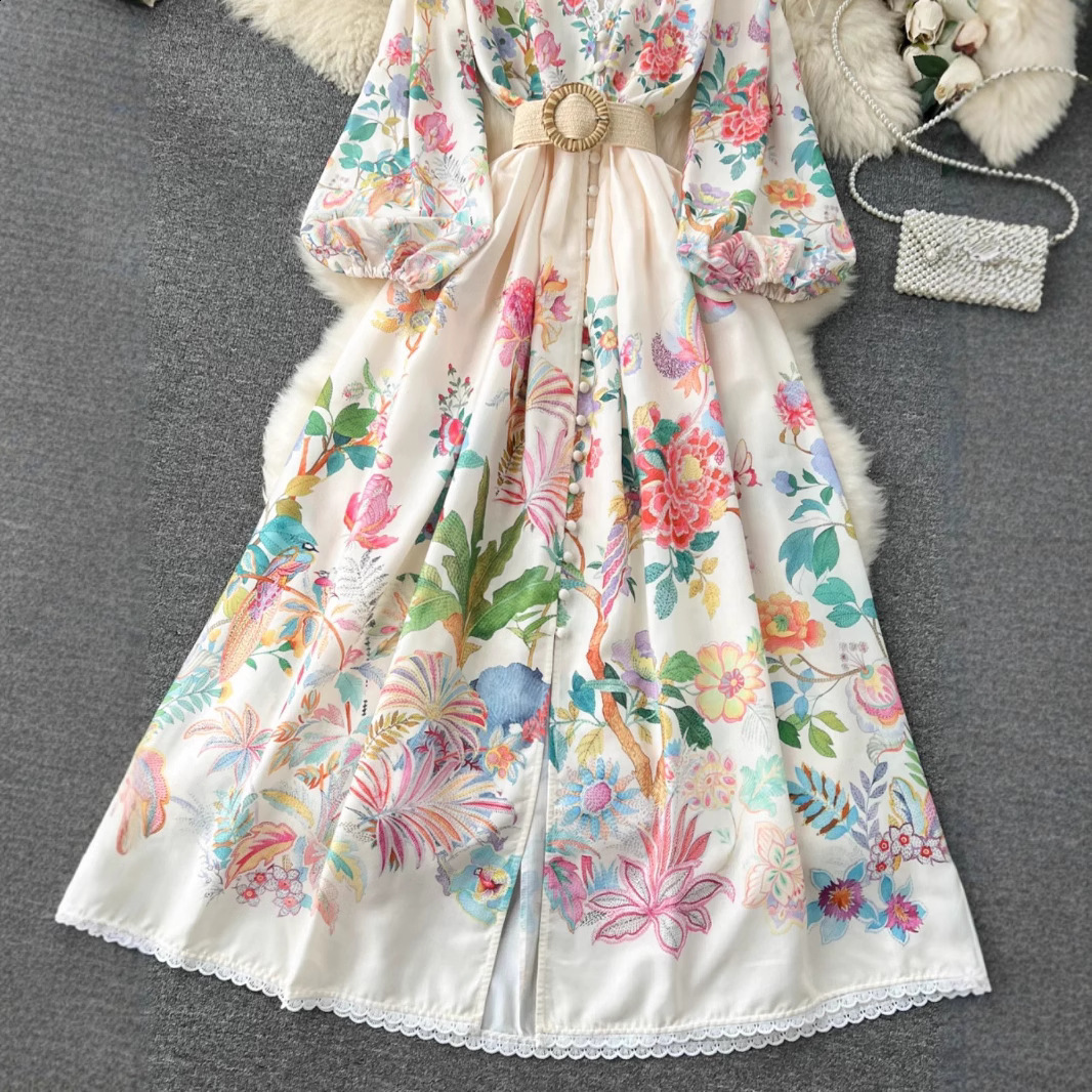 Spring Fashion Holiday Flower Painting Print Dress Women Long Lantern Sleeve V-Neck Lace Hem Buttons Belted Mini Dress 6257 240819