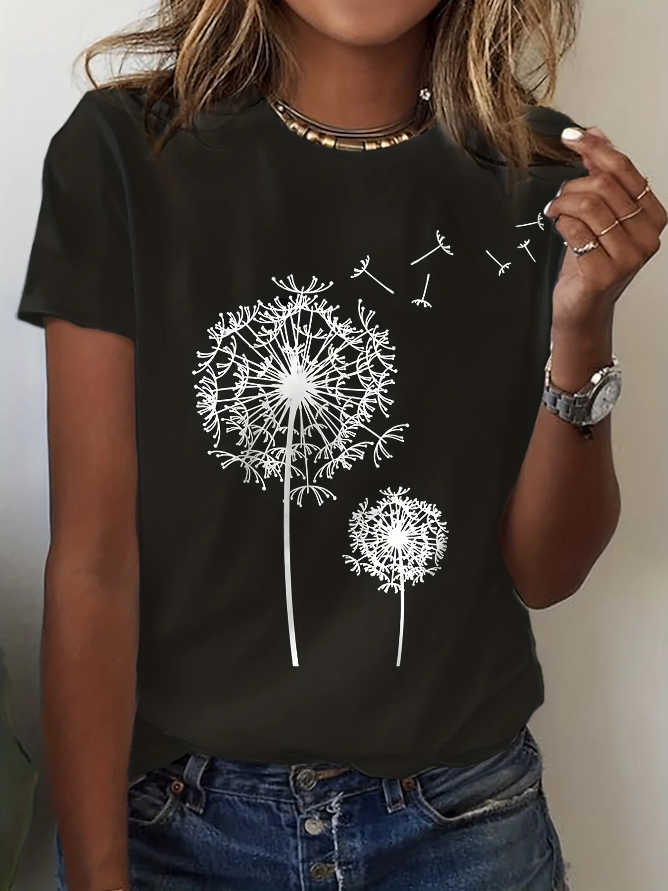Dandelion Print Crew Neck T-Shirt Casual Short Sleeve Top For Spring Summer Womens Clothing 250517
