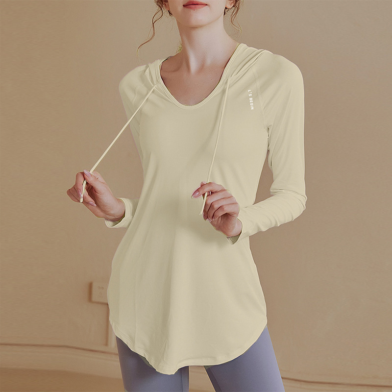 X1853 Loose Sports Tops Women's Large Size Mid-Length Fitness Suit Set Hooded Fitness Clothes Long Sleeve Sweater