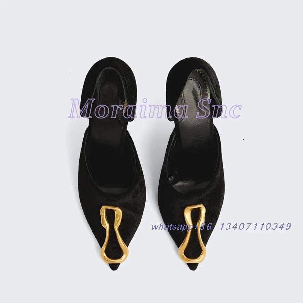 Metal Decor Pointed Toe Sandals Strange Heel Slip On Shallow Black Solid Sexy Fashion Women's Dress Shoes Banquet Party Runway
