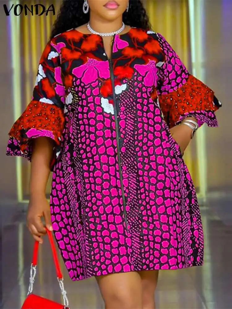 Plus Size 5XL VONDA Women Bohemian Printed Dress Summer Short Dress Flare Sleeve Party Sundress Casual Vestido Robe Femme 250520