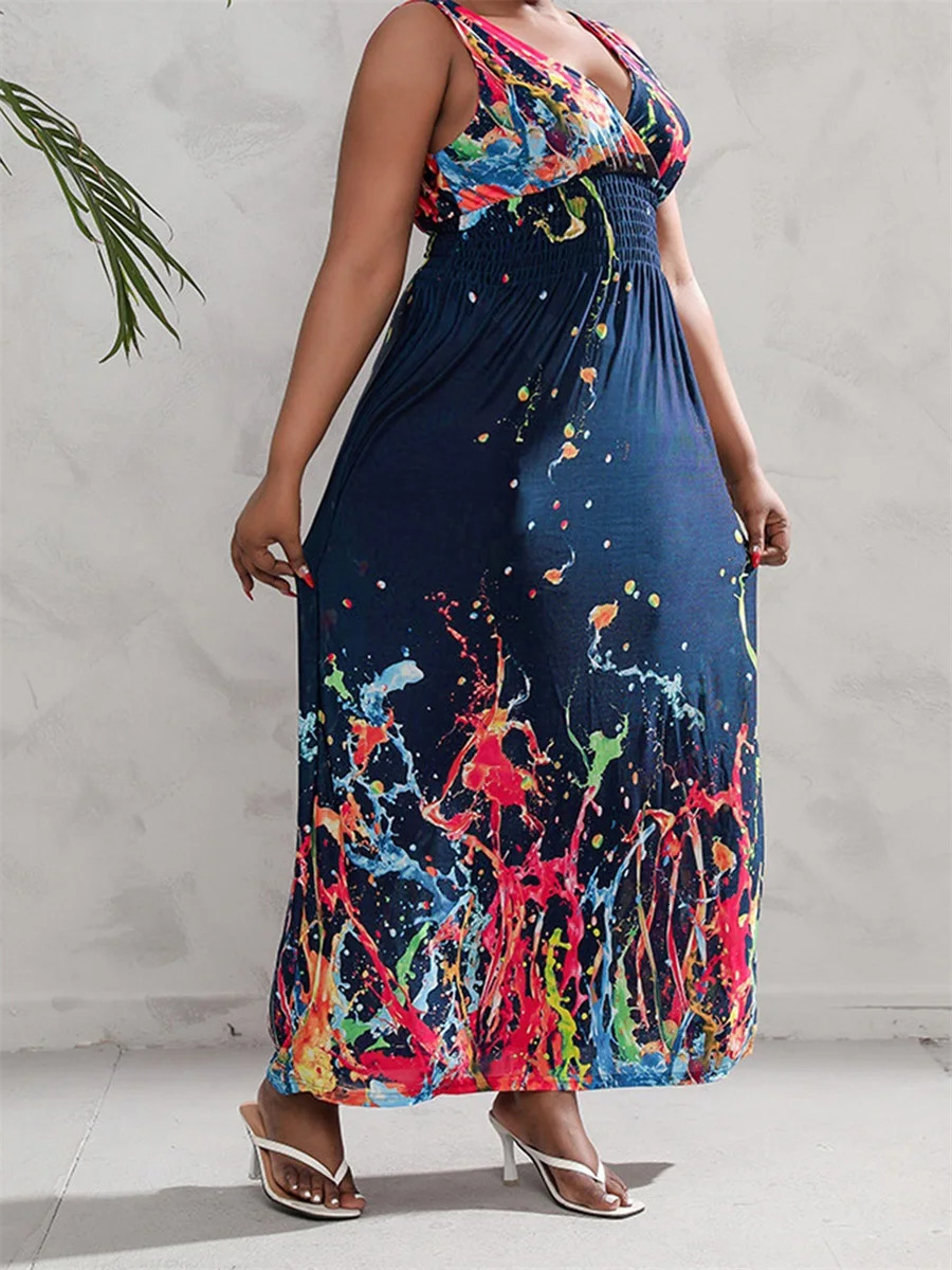 Women Plus Size Sleeveless Maxi Dress Casual Floral Print V-Neck Party Dress for Beach Club Streetwear Summer Fashion Trend 250520