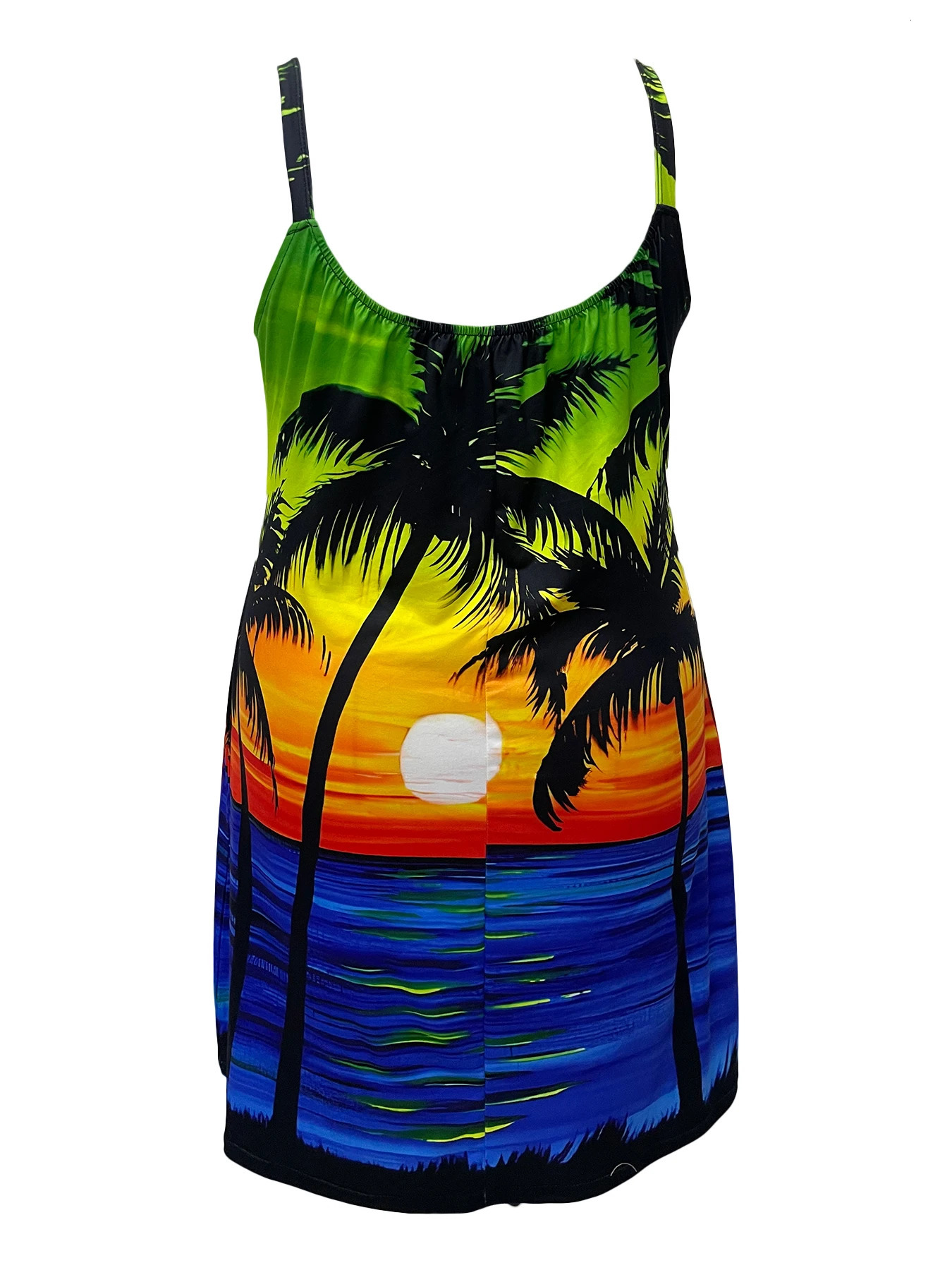 Plus Size Coconut Tree Print Tank Dress Casual Sleeveless Slim Dress For Spring Summer Womens Plus Size Clothing 250520