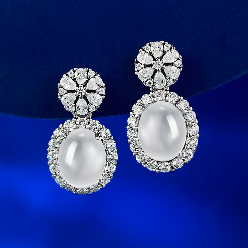 Exquisite S925 Sterling Silver Glass Pearl Earrings with Full-Cubic Zirconia Embellishment, Perfect for Brides and Special Occasions