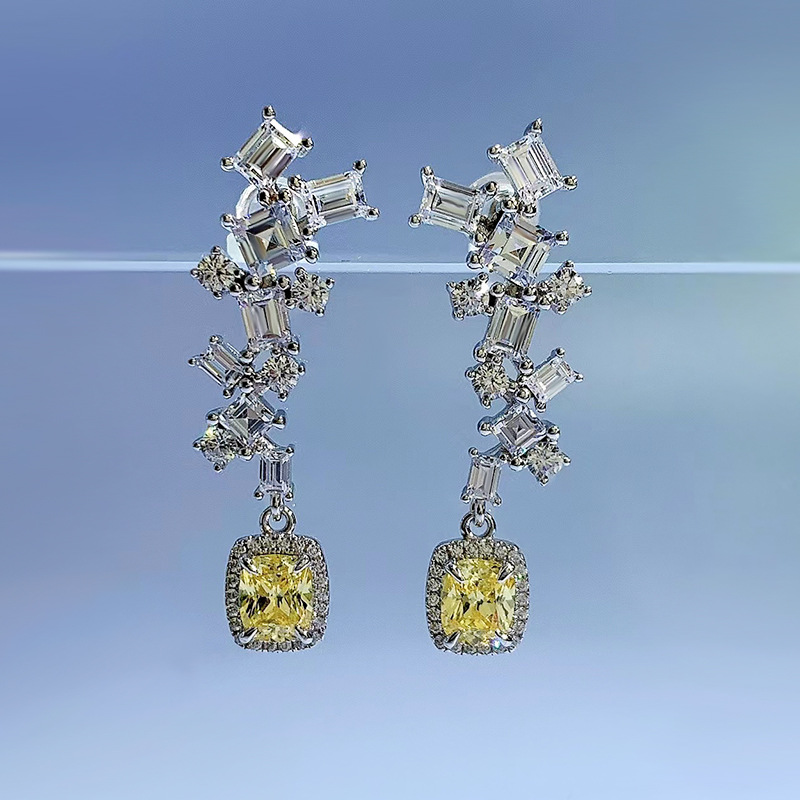 S925 Sterling Silver Long Drop Earrings with Yellow Simulated Diamond, Cushion Cut & Zirconia, Elegant Jewelry for Special Occasions