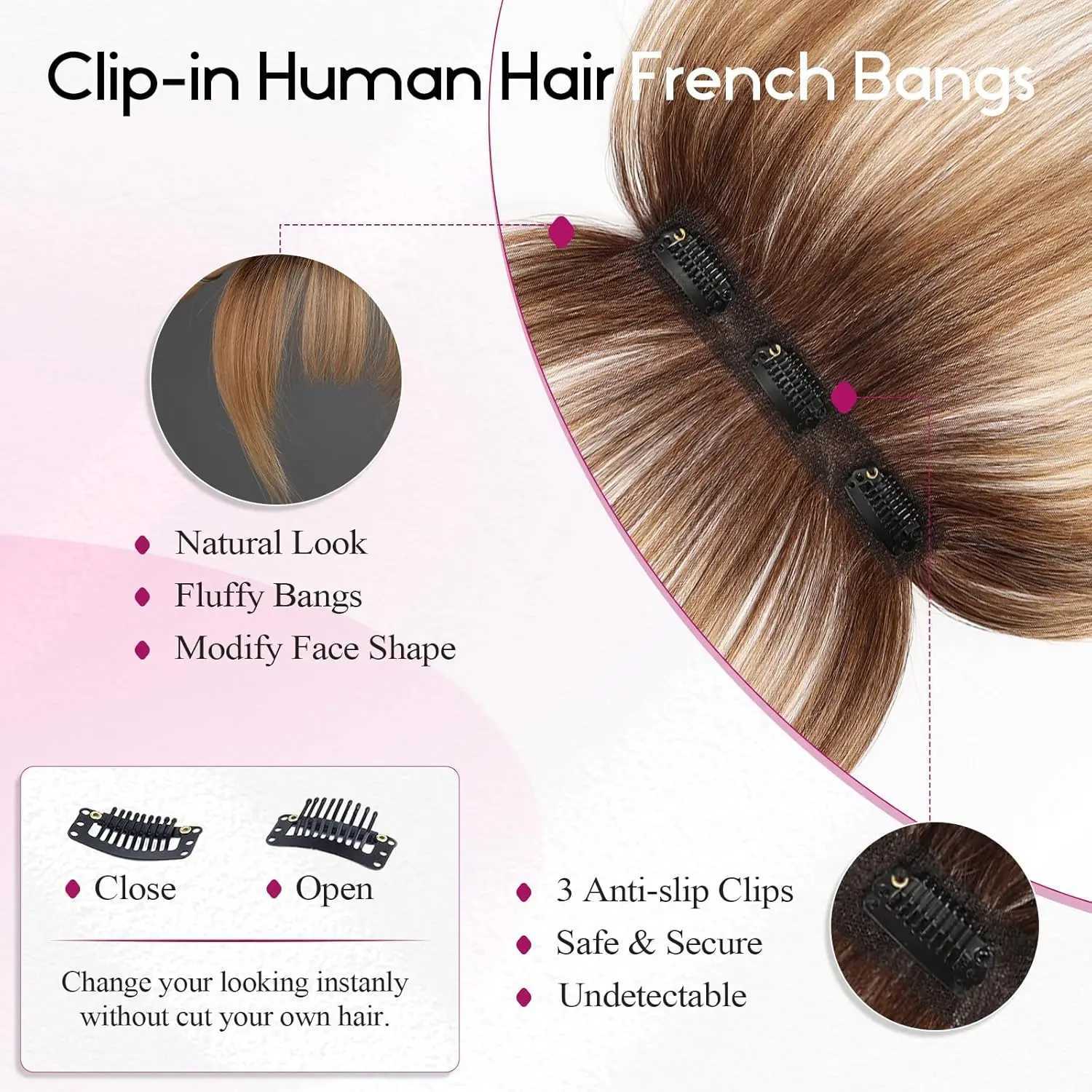 Ombre Brown to Blonde Clip 100% Real Human Wispy Hair Pieces 3 Secure Clips in Full Fringe Fake Bangs S25521