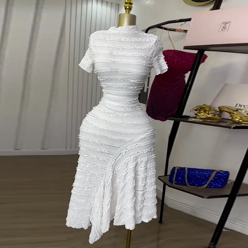 Women Dress Long Dresses Round Neck Vestidos Short Sleeve Party Bodycon High Waist Irregularity Elegant White Wedding Spring