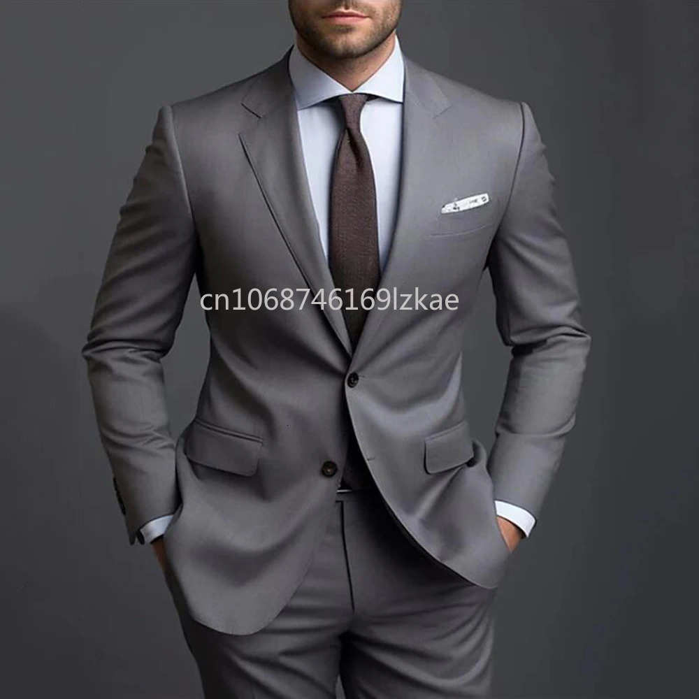 Grey Men Suits Formal Business Notched Lapel Groom Wedding Suits For Men 2 Pieces Slim Fit Tuxedos Blazer Pants Trajes De Hombre 250516