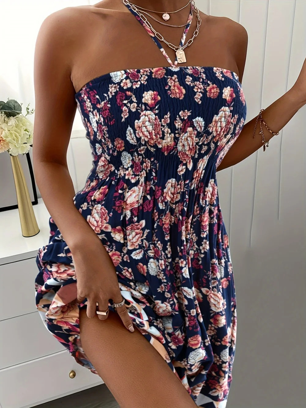 Plus Size Women Boho Flower Printed Dress Womens Strap Neck Casual Vacation Dress 250519