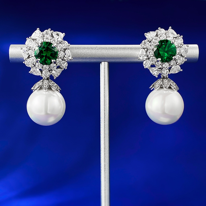 Elegant 925 Sterling Silver Synthetic Emerald & Pearl Stud Earrings - Timeless Luxury Design