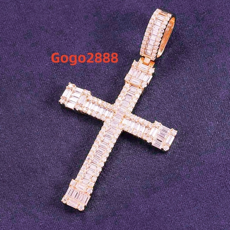 Pass Diamond Tester Hip Hop D Color Bling VVS Moissanite Baguette Cross Pendant With 925 Sterling Silver GRA Men