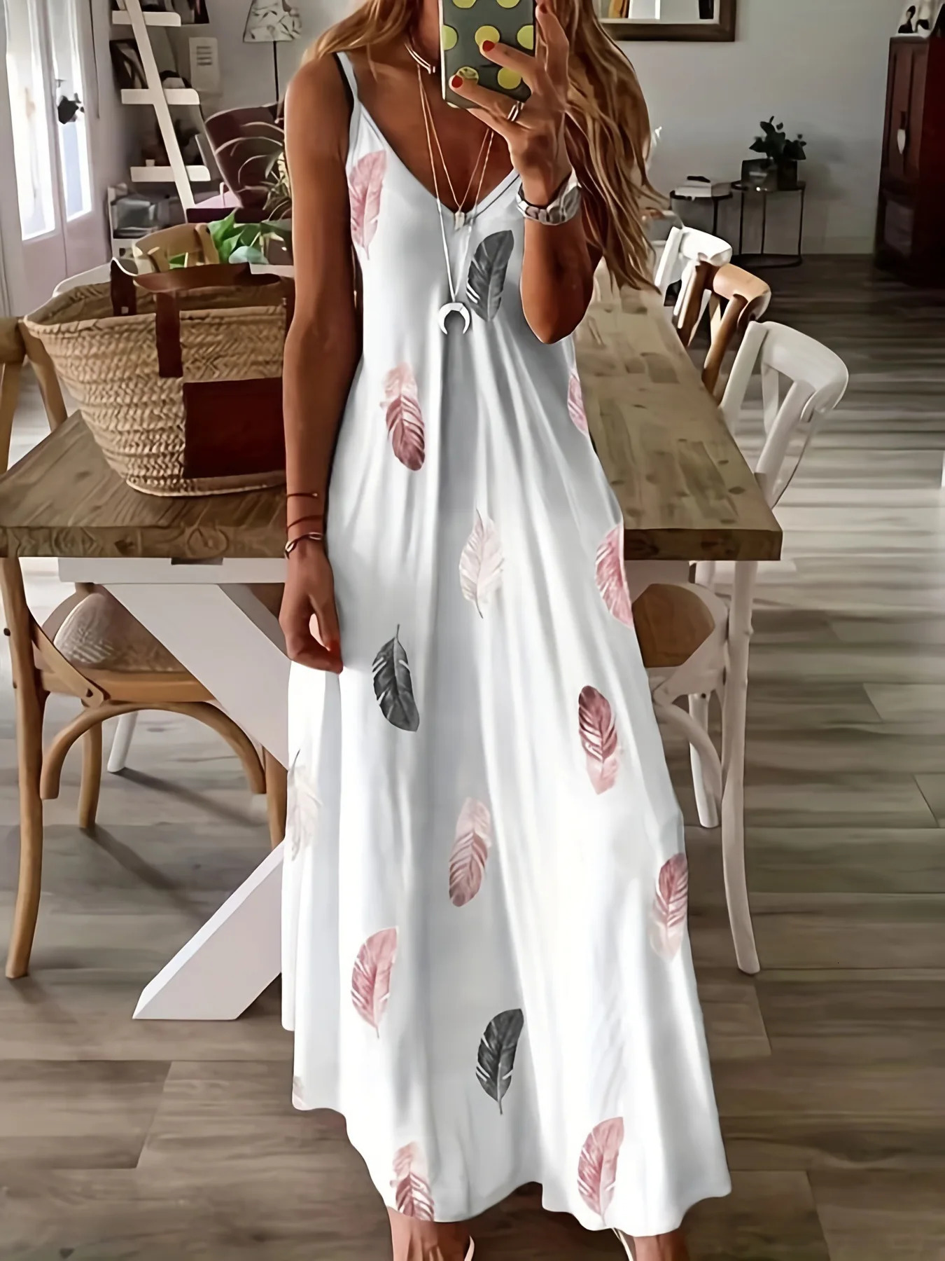 Europe and America Plus Size Womens Cross border Summer Sexy V-neck Feather Print Sling Dress 250520