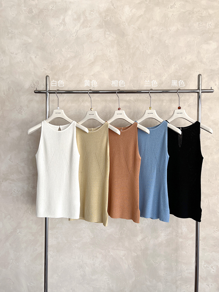 DR201 Imitation Linen Hollow Design Knitted Vest Women's Dopamine Girl Sleeveless Slim Short Top