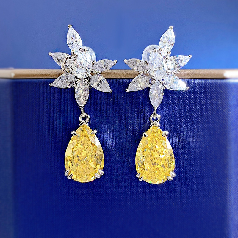 Exquisite S925 Sterling Silver Yellow Gemstone Drop Earrings with Zirconia, Elegant and Fashionable Jewelry