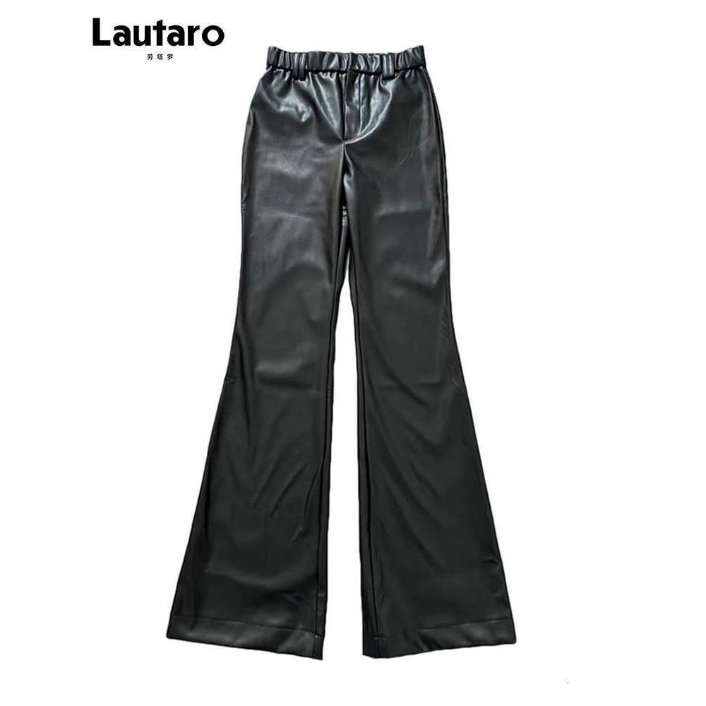 Lautaro Spring Autumn Cool Casual Soft Black Pu Leather Floor Length Flare Pants For Women High Waist Korean Style Fashion 2023