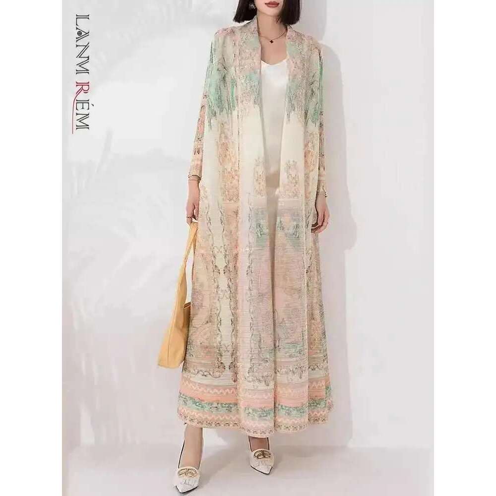 LANMREM Printed Pleated Cardigan For Women Long Sleeves Loose Big Size Female Vintage High End Windbreaker 2025 Spring 2DA5781
