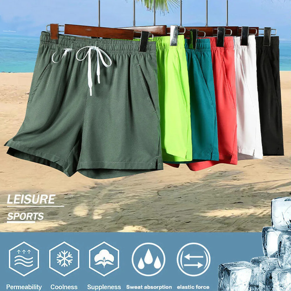 Mens Summer Beach Hawaiian Shorts Casual Solid Color Ice Silk Loose Quick Dry Sports Shorts 250519