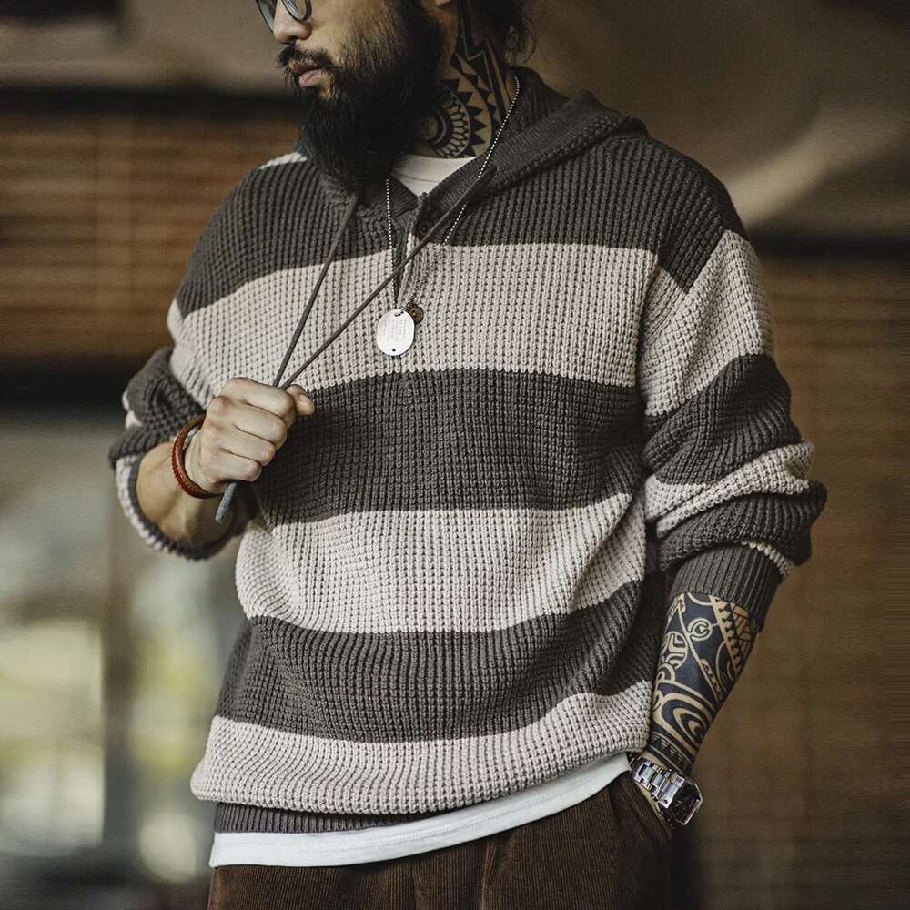 Maden Casual Striped Knit Hoodie With Wooden Button Collegiate Style Fall And Winter Tops For Men's Loose Pullover Sweater 250524