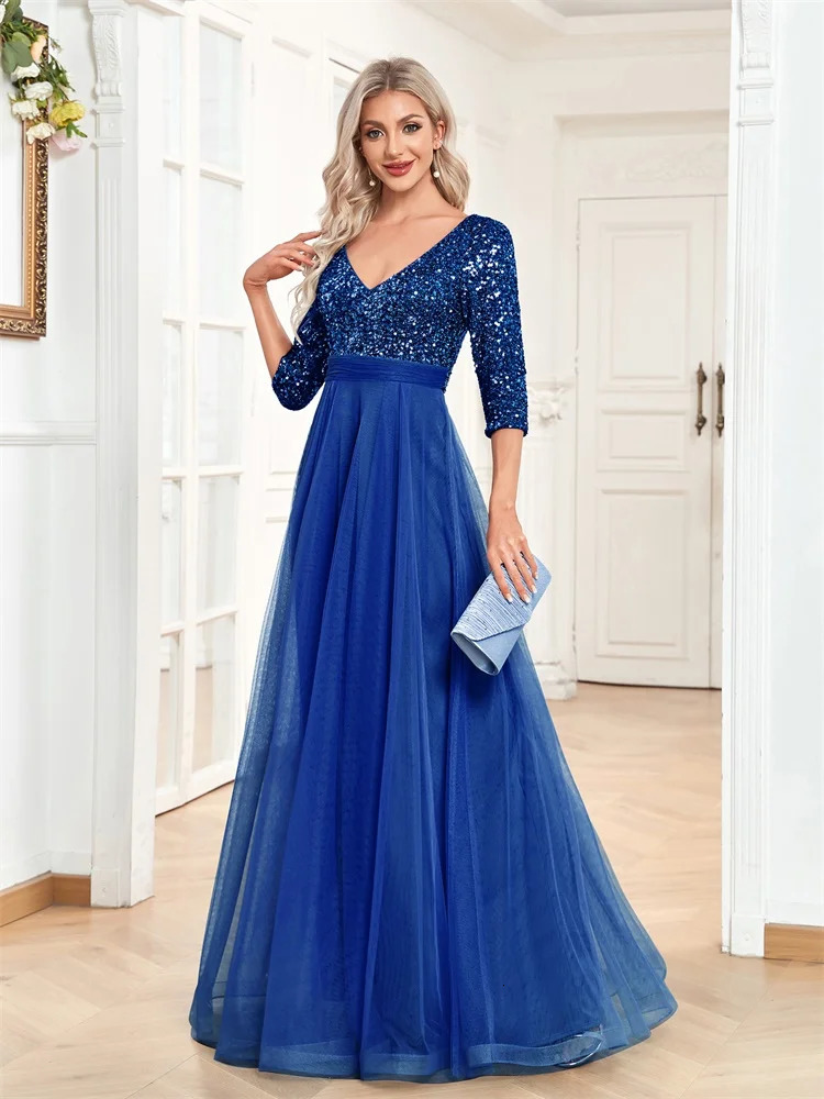 Floor Length V-Neck Evening Dress Women Elegant Party Maxi Dress Sequin Short Sleeves Prom Cocktail Gown 250520