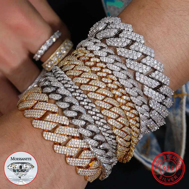 Fine VVS1 D Color Moissanite Cuban Chain S Sier Bracelet For Men Hip Hop Jewelry