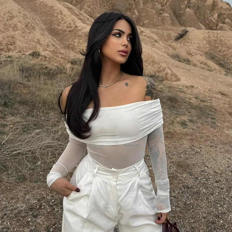 CUTENOVA Mesh Sheer See Through T-Shirts Crop Tops Summer Party Clubwear Women Sexy Slash Neck Off Shoulder Ruched Tees Shirts 250516
