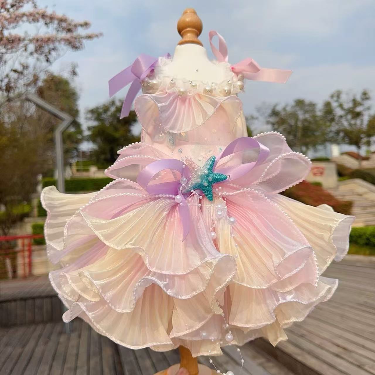 Adorable little pearl - a pink mermaid with detachable long and short versions, a beautiful trailing tail teddy bear foam pet dress