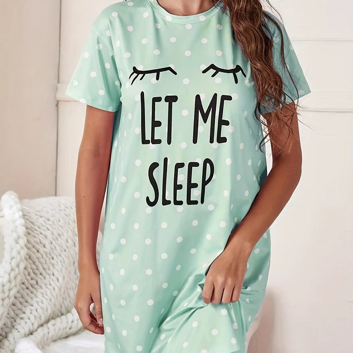 Let Me Sleep Printed Plus Size Womens Nightgowns Home Ice Silk Dresses Short Sleeve Dresses Pajamas for Girls with Large Busts 250520