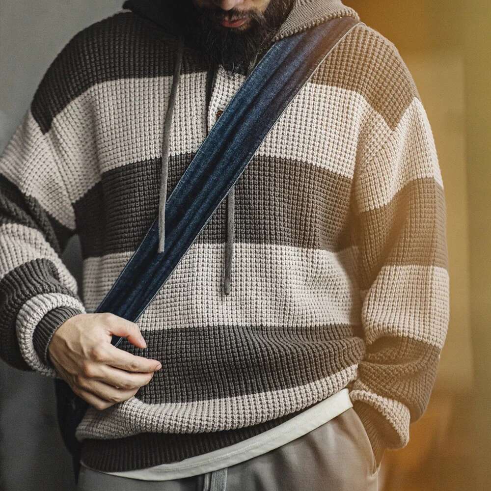 Maden Casual Striped Knit Hoodie With Wooden Button Collegiate Style Fall And Winter Tops For Men's Loose Pullover Sweater 250524
