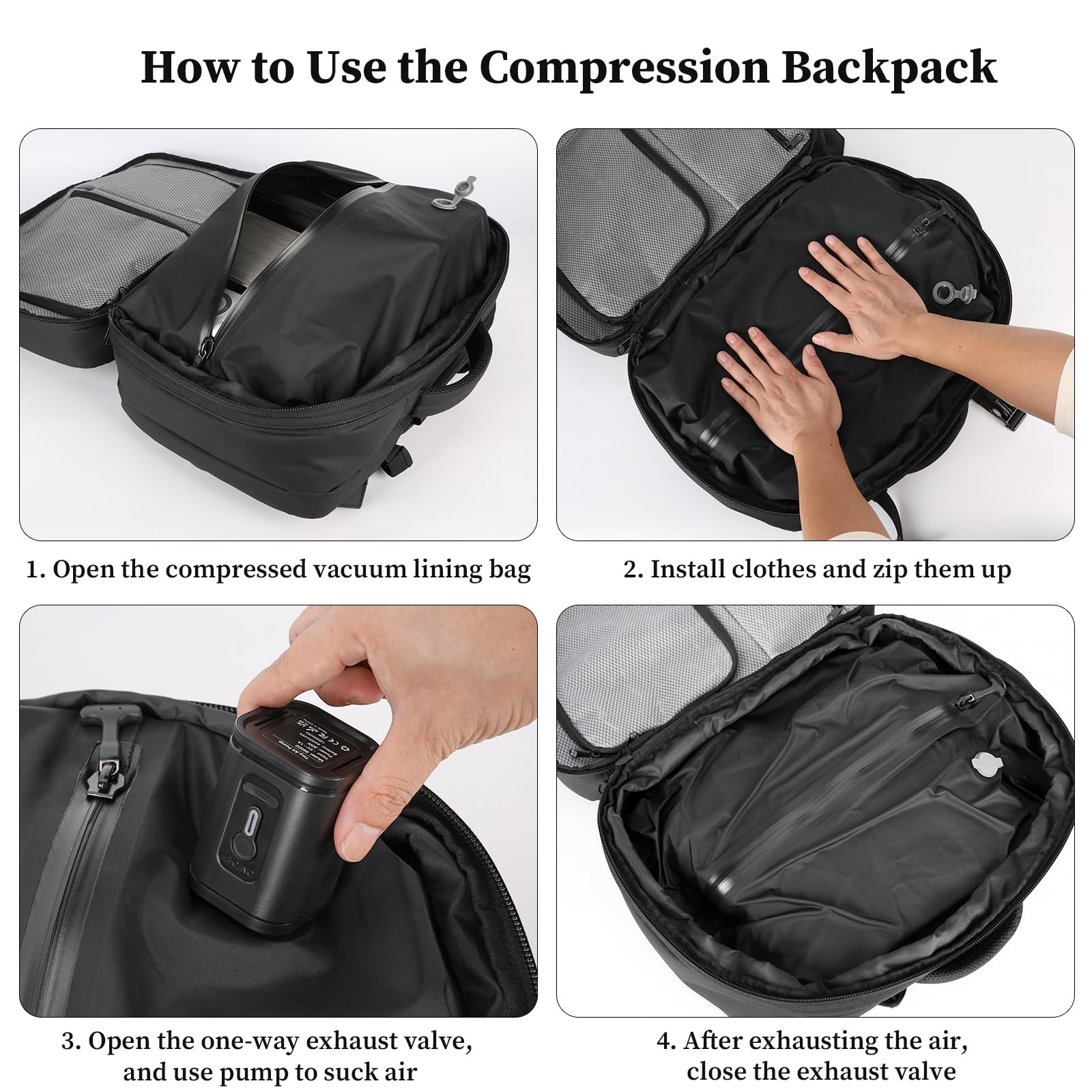 VacPack Backpack with Vacuum Pump, Expandable Waterproof Carry-On Airback Backpack with TSA Anti-Theft Design for Travel Black