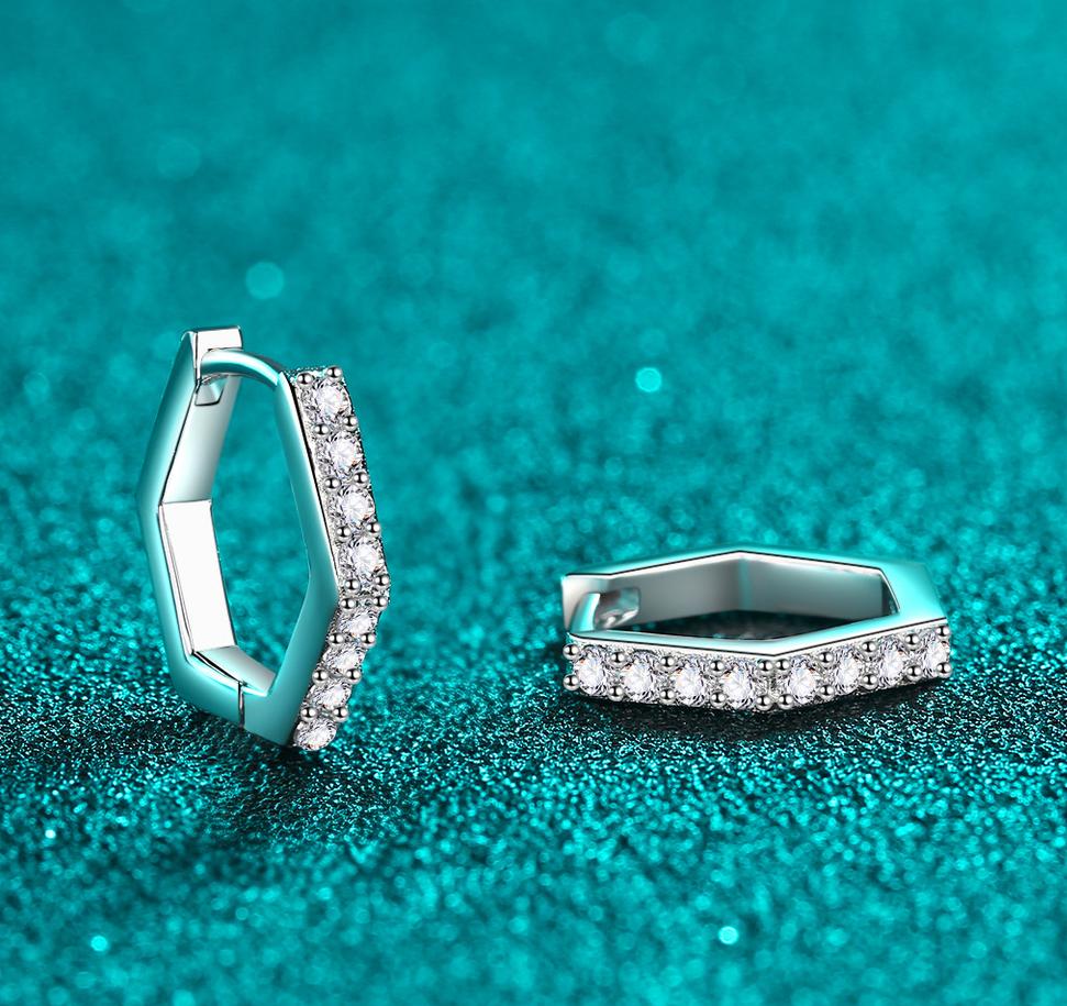 S925 Silver Hexagonal Moissanite Earrings with Simple Diamond Pave for Women | Elegant Minimalist Studs for Everyday Wear