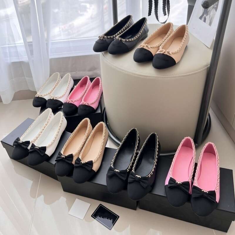 2024 New Small Fragrant Style Chain Bow Single Exquisite and Elegant Genuine Women's Color blocked Flat Leather Shoes for Women