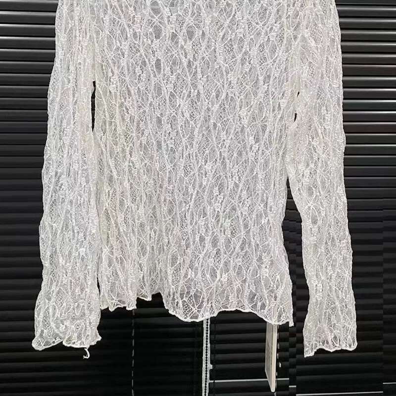 Fashion Lace Hollowed Out T-Shirt For Women Versatile Solid Color O-Neck Perspective Long Sleeve Tops Female New 11A03848
