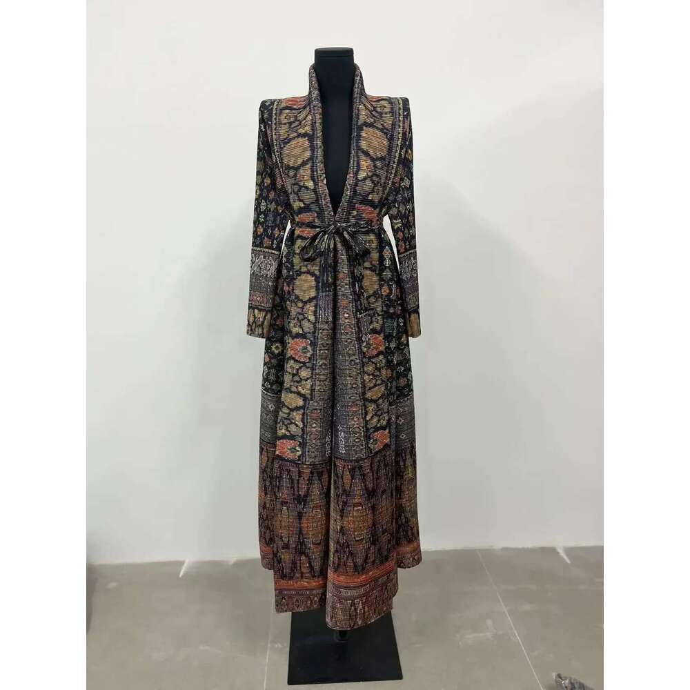 Miyake Pleated Print Foldable Collar Long Sleeved Trench Coat for Women 2024 New Winter Original Designer Fashion Cardigan Dress