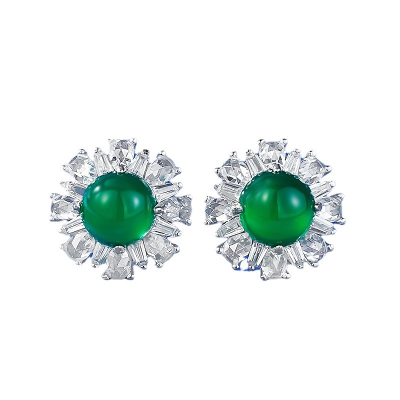 Elegant S925 Sterling Silver Stud Earrings with Green Chalcedony, Luxuriously Crafted Fashion Jewelry