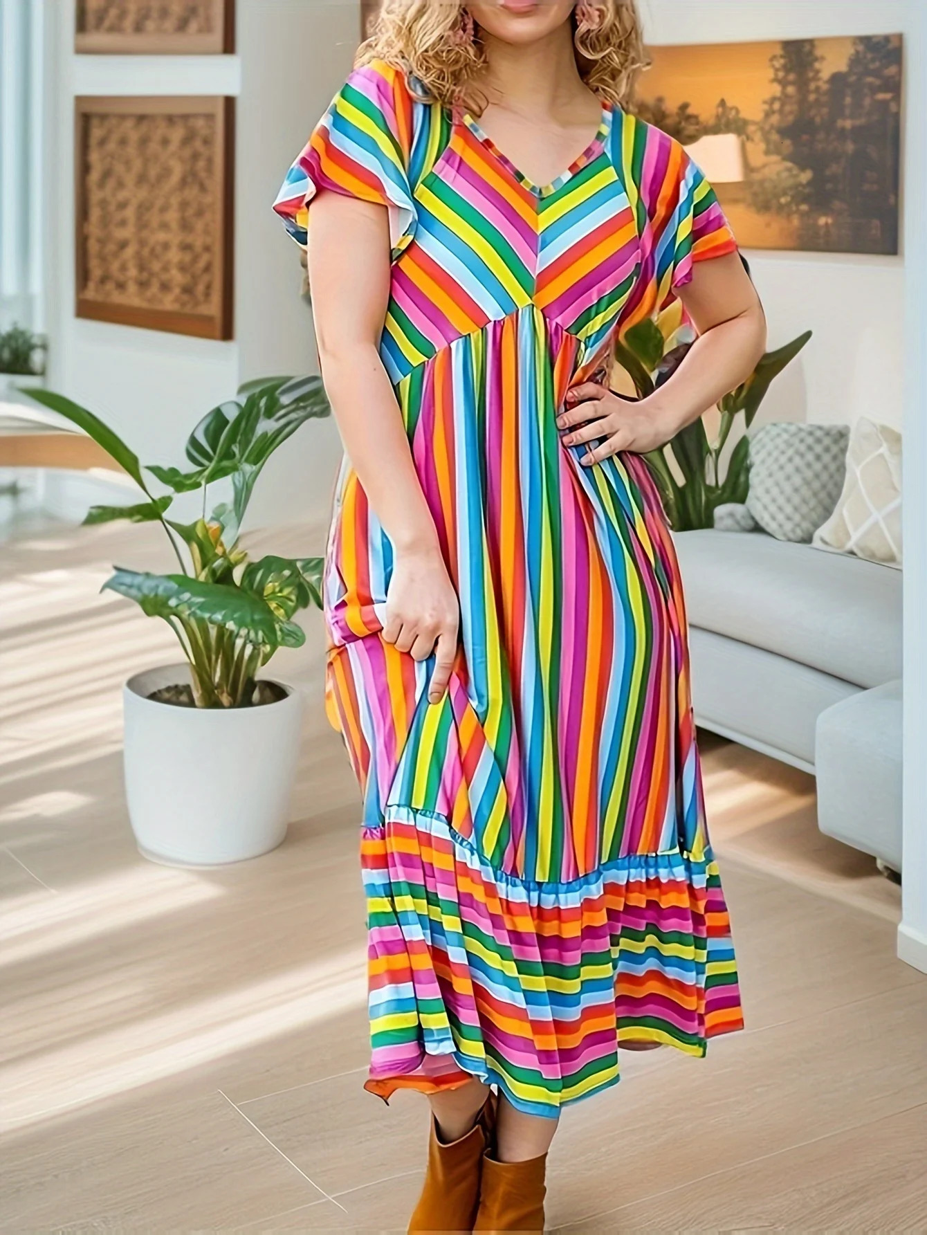 Plus Size1XL-5XL V-neck Rainbow Print Dress Loose Lotus Sleeve A-line Skirt Milk Silk Fabric Elastic Comfortable Breathable Ball 250520