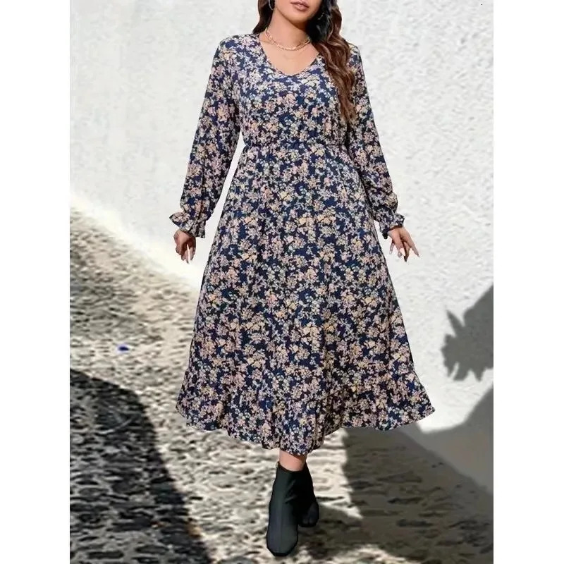 Plus Size 1XL-5XL Casual Dress Womens Plus Floral Print Lantern Sleeve V Neck Smock Dress 250520