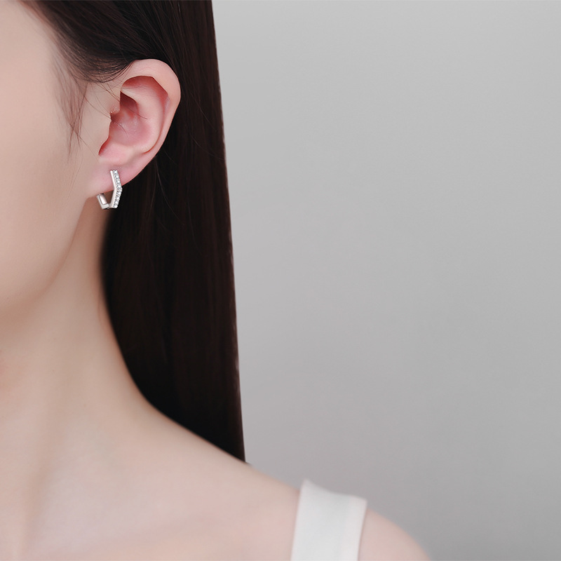 S925 Silver Hexagonal Moissanite Earrings with Simple Diamond Pave for Women | Elegant Minimalist Studs for Everyday Wear