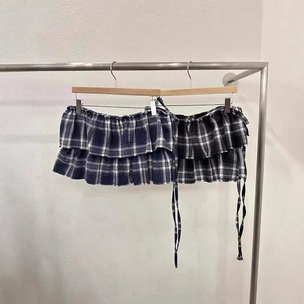 Double Layers Plaid Tassels Edge Mini Skirts With Lace Up Women High Waist ALine Skirt Korean Cotton Baking Cake 250513Z