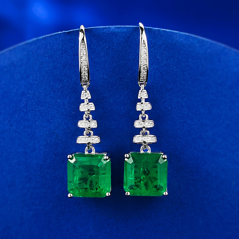 Exquisite S925 Sterling Silver Vintage Emerald Cut Green CZ Earrings with Full Diamond Paving